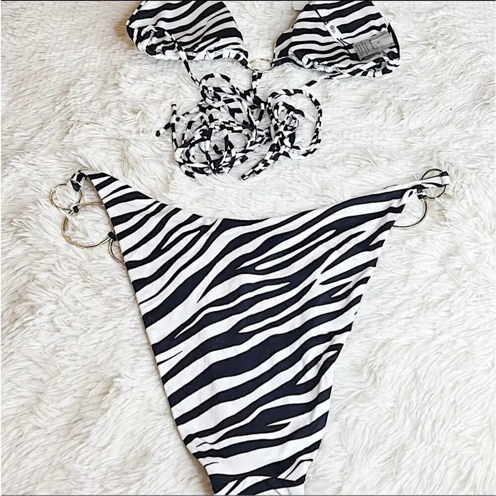Monica Hansen Beachwear Zebra Print Triangle O-Ring Bikini Set Girl On Fire Larg
